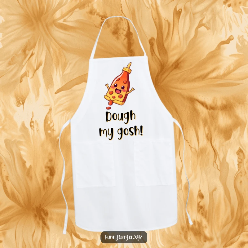 Funny apron showcasing a cheerful pizza slice sliding down a ketchup bottle, designed for a fun and mess-free cooking experience.