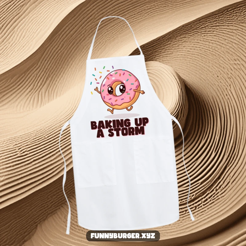 Funny donut cartwheel apron featuring an anthropomorphic donut doing a cartwheel and showering sprinkles, ideal for humorous baking gift.