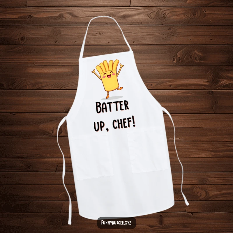 Funny apron showcasing a french fry character in an energetic hop, ready to protect your clothes with style and humor.