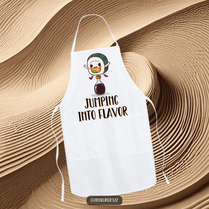 Funny apron showcasing a sushi roll character jumping over a soy sauce bottle, a playful and practical kitchen accessory.