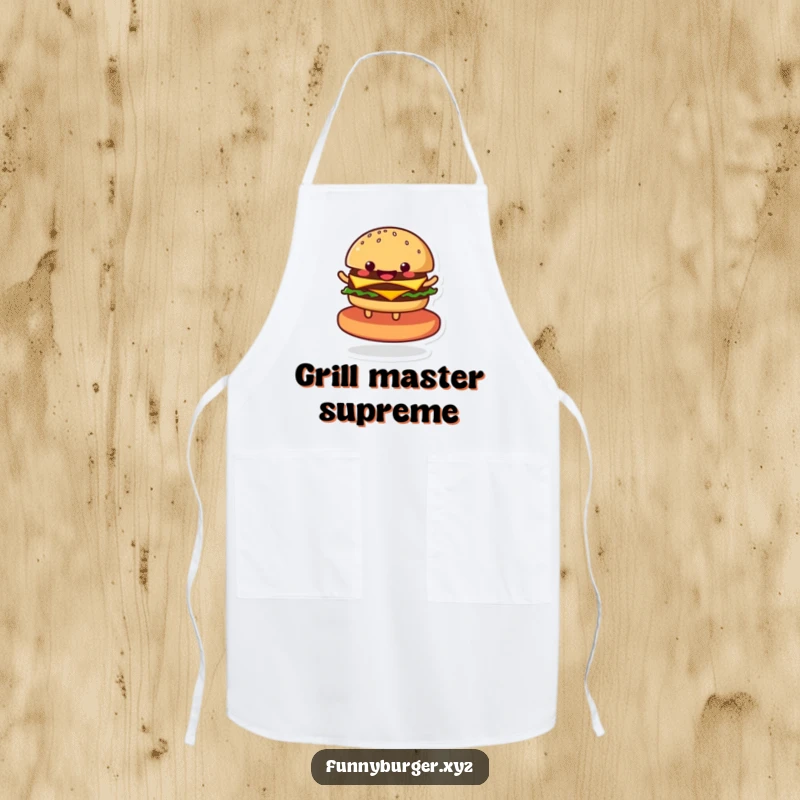 Funny apron showcasing a cheerful anthropomorphic burger spinning with delight, designed for a fun and messy cooking experience.