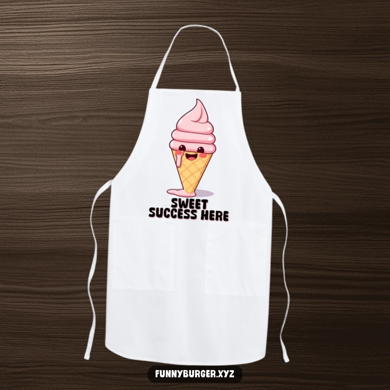 Funny apron showcasing a happy ice cream cone melting with glee, designed for a fun and deliciously messy cooking experience.