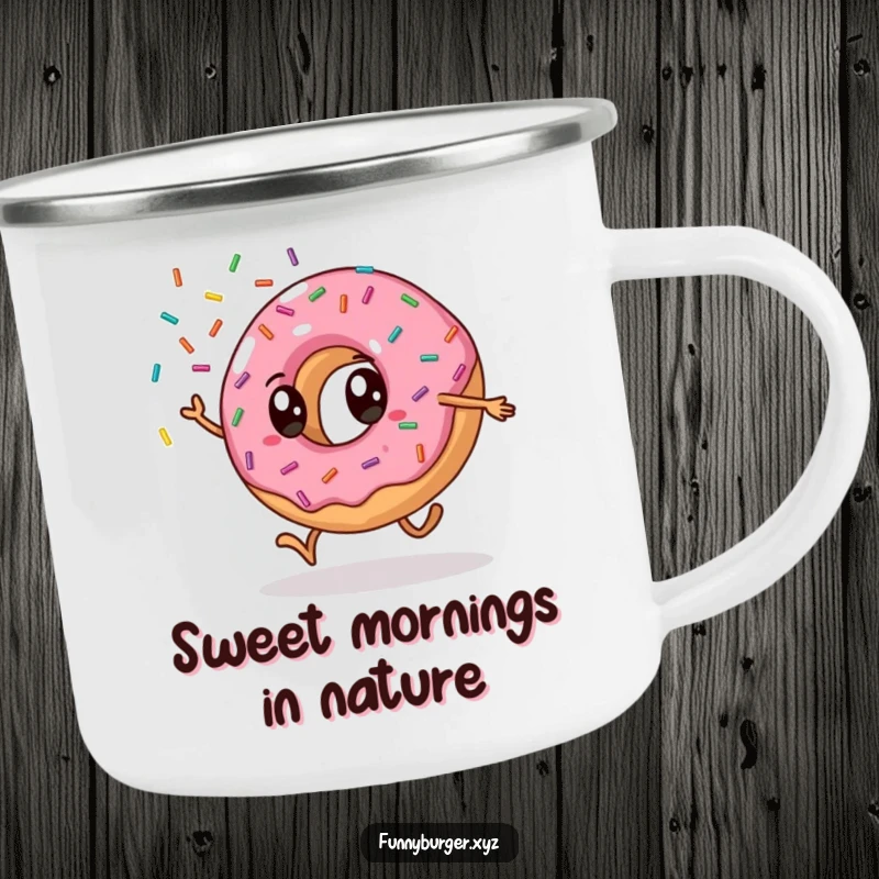 Funny donut cartwheel camping mug featuring an anthropomorphic donut doing a cartwheel and showering sprinkles, ideal for humorous outdoor use.