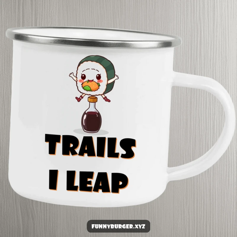 Funny camping mug with a sushi roll character jumping over a soy sauce bottle, perfect for enjoying drinks on the go.