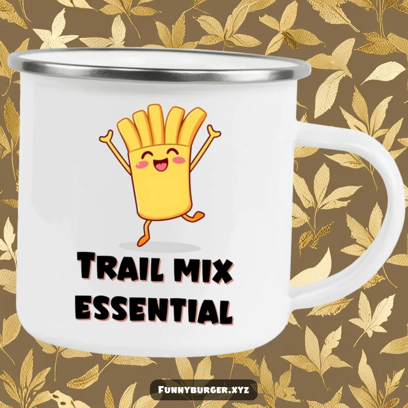 Funny camping mug featuring a french fry character in a happy mid-air hop, ideal for sipping coffee by the campfire.