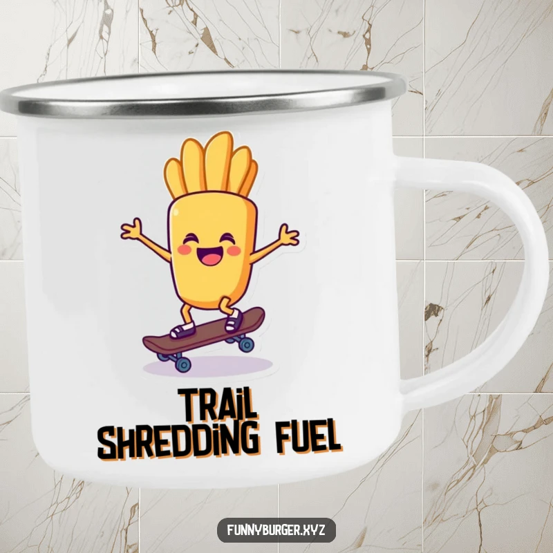 Funny camping mug with a french fry character riding a tiny skateboard, perfect for enjoying drinks on the go.