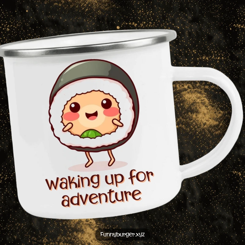 Funny sushi roll camping mug showing a smiling, anthropomorphic sushi with tiny legs, dancing goofily, ideal for humorous outdoor adventures.