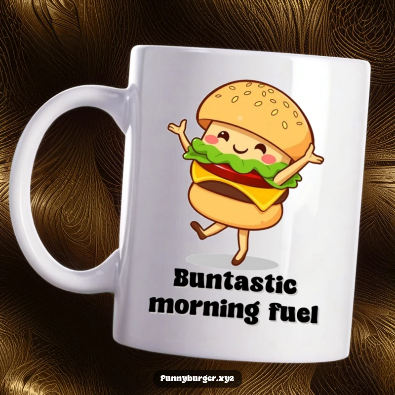 Funny mug with a smiling burger character in a graceful ballet twirl, showing off its sesame seed bun with joy.