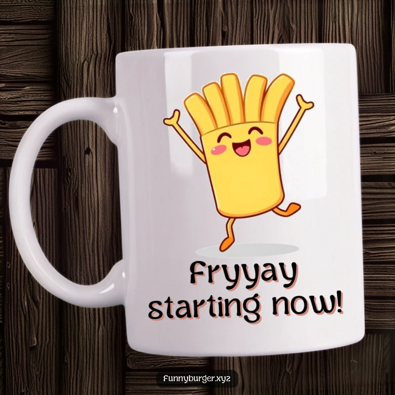 Funny mug featuring a french fry character joyfully hopping with its arms raised high, embodying pure potato glee.
