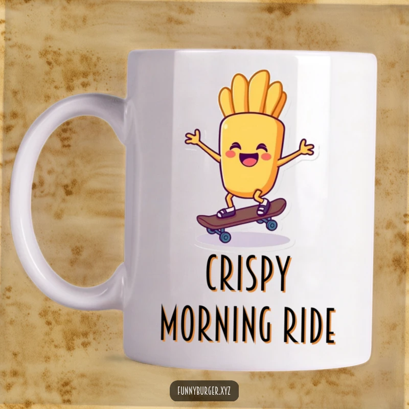 Funny mug featuring a french fry character attempting to ride a tiny skateboard with delight and enthusiasm.