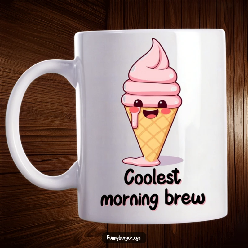 Funny mug featuring a happy anthropomorphic ice cream cone melting slightly with pure glee, embodying sweet joy.
