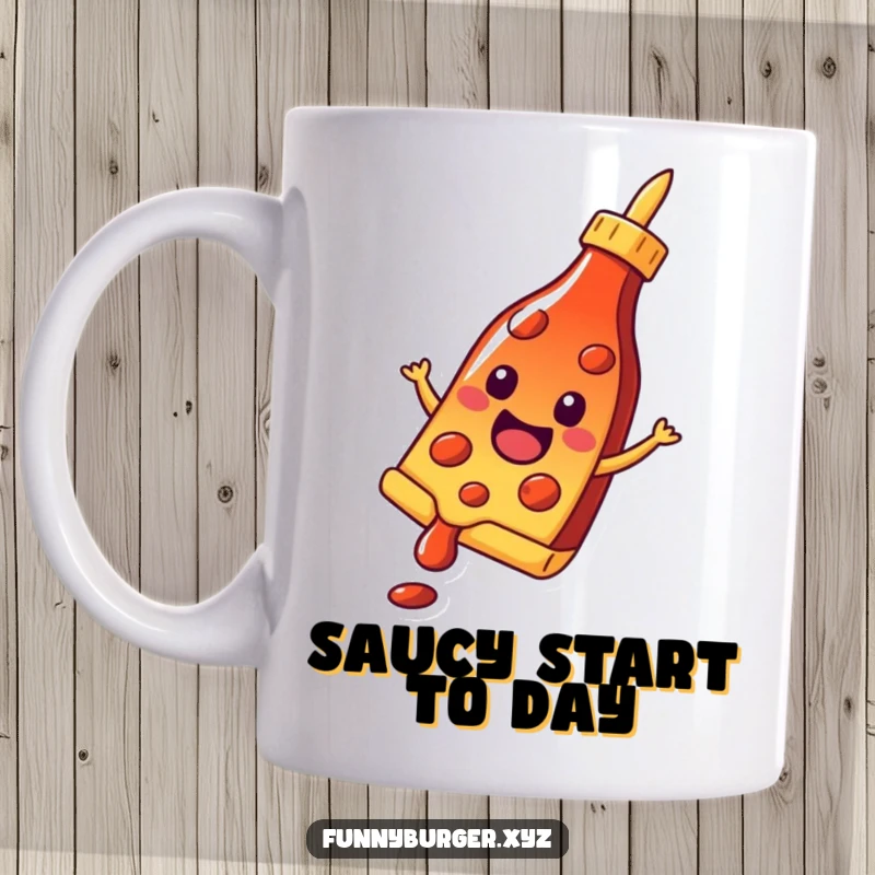 Funny mug featuring a cheerful pizza slice happily sliding down a ketchup bottle, embracing a saucy adventure.