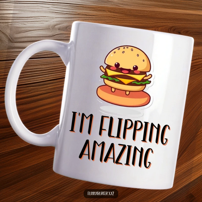 Funny mug featuring a smiling anthropomorphic burger in mid-spin on a stylized patty, radiating pure food happiness.