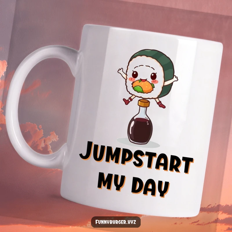 Funny mug featuring a sushi roll character joyfully jumping over a small soy sauce bottle, a delightful sight.