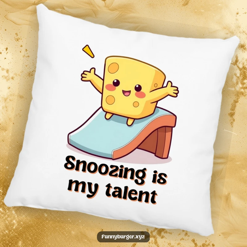 Funny cheese sliding pillow with a wobbly, anthropomorphic cheese sliding down a slide, offering humorous comfort as a gift.