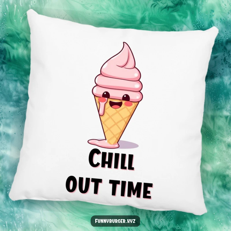 Funny pillow featuring a happy ice cream cone melting slightly with glee, perfect for adding sweet comfort and charm.
