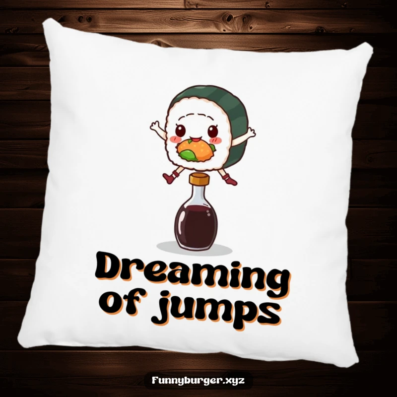 Funny pillow featuring a sushi roll character leaping over a soy sauce bottle, a soft and cheerful decorative item.
