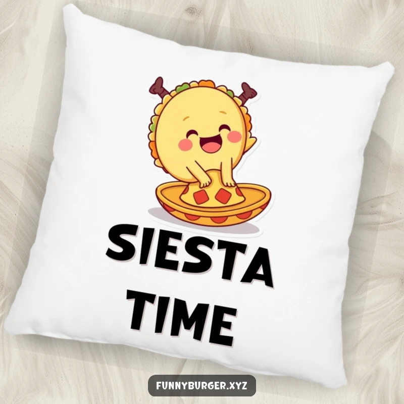 Funny pillow featuring a giggling anthropomorphic taco mid-cartwheel on a sombrero, perfect for adding festive comfort.