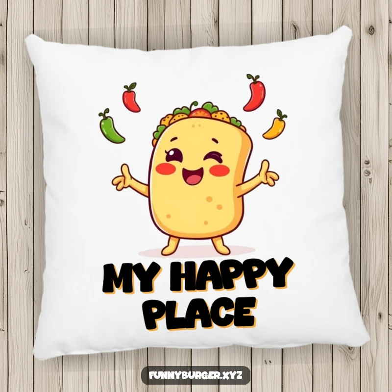 Funny taco juggling pillow with an excited, anthropomorphic taco waving arms and juggling peppers, offering humorous comfort as a gift.