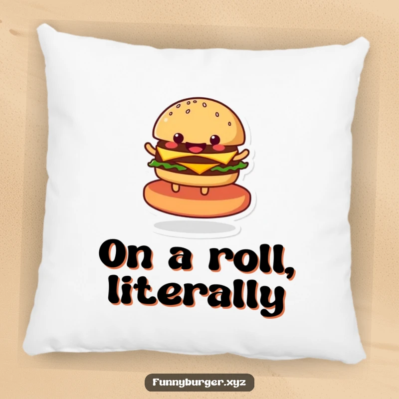 Funny pillow featuring a delighted anthropomorphic burger in a happy spin on its bun, perfect for sofa decor and snuggles.