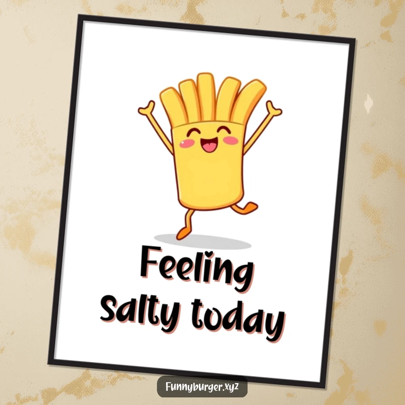 Funny digital art print of a french fry character in a joyful hop, arms in the air, embodying playful energy.