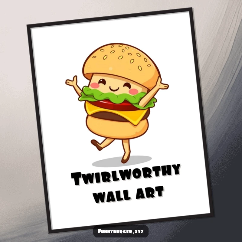 Funny digital art print of a burger character performing a ballet twirl, ready to bring laughter and charm to any room.