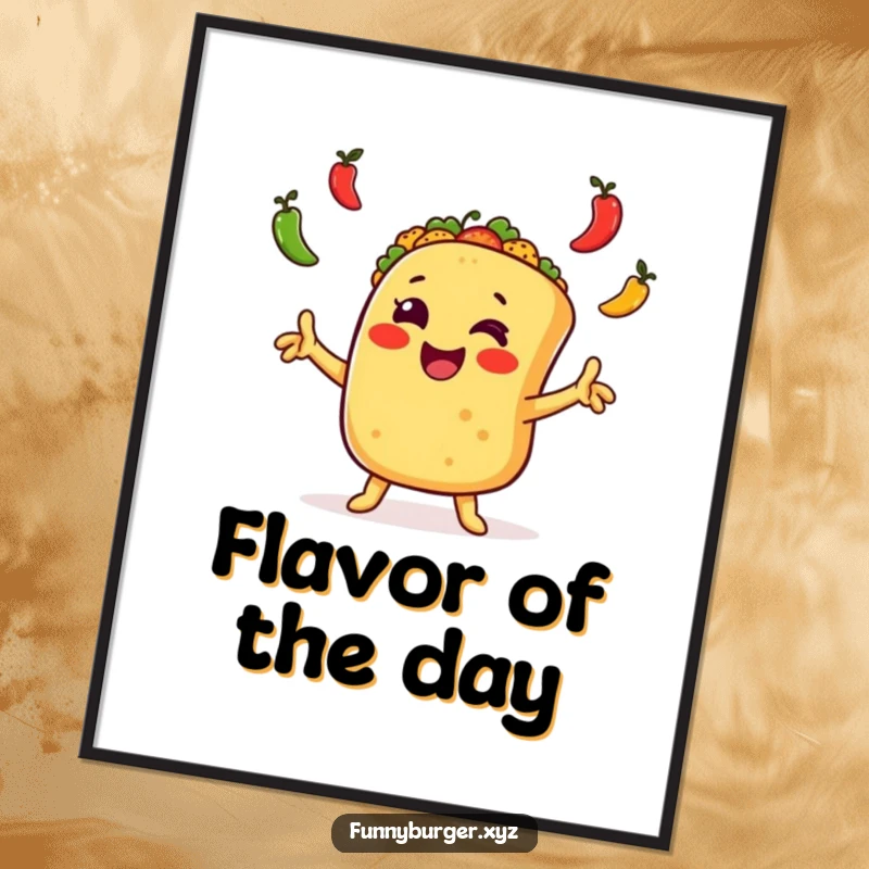 Funny taco juggling digital art print of an excited, anthropomorphic taco waving arms and juggling peppers, perfect for humorous decor.