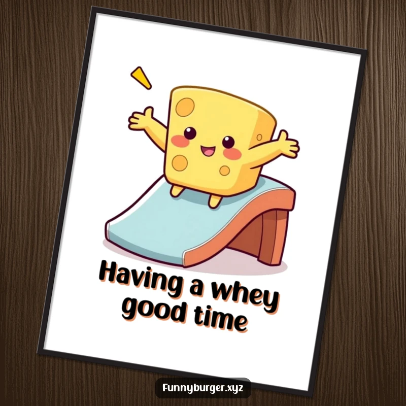 Funny cheese sliding digital art print of a wobbly, anthropomorphic cheese sliding down a slide, perfect for humorous decor.