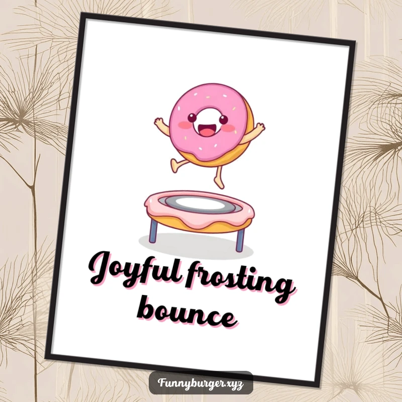 Funny digital art print of a donut character gleefully bouncing on a frosting trampoline, ready to add sweetness.