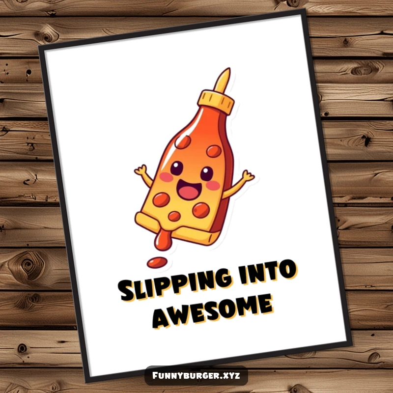 Funny digital art print of a cheerful pizza slice sliding down a ketchup bottle, bringing a saucy sense of humor.