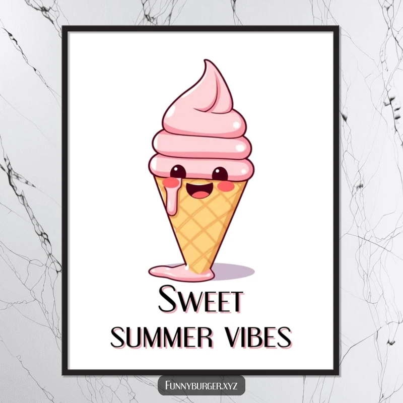 Funny digital art print of a happy ice cream cone melting with glee, radiating pure sweet joy.