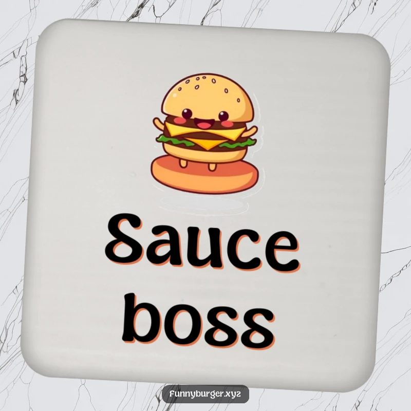 Funny drink coasters featuring a smiling anthropomorphic burger in mid-spin, adding a humorous touch to any table setting.