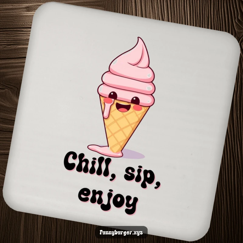 Funny drink coasters featuring a happy anthropomorphic ice cream cone melting slightly with glee, adding a humorous and sweet touch to any table.