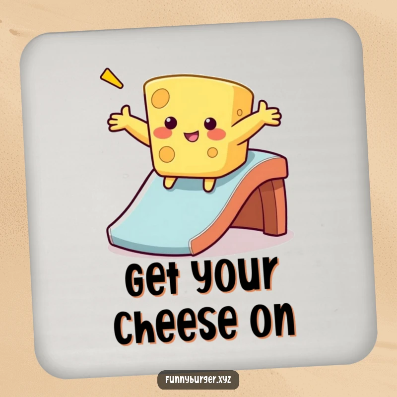 Funny cheese sliding coaster with a wobbly, anthropomorphic cheese sliding down a slide, protecting tables with humor.
