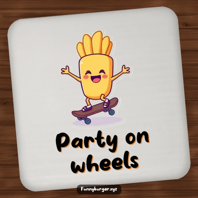 Funny drink coaster featuring a french fry character riding a tiny skateboard, adding a cool touch to any table.