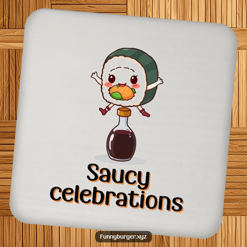 Funny drink coaster featuring a sushi roll character leaping over a soy sauce bottle, adding a playful touch to any table.