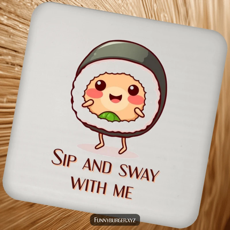 Funny sushi roll coaster with a smiling, anthropomorphic sushi doing a goofy dance, protecting tables with humor as a funny gift.