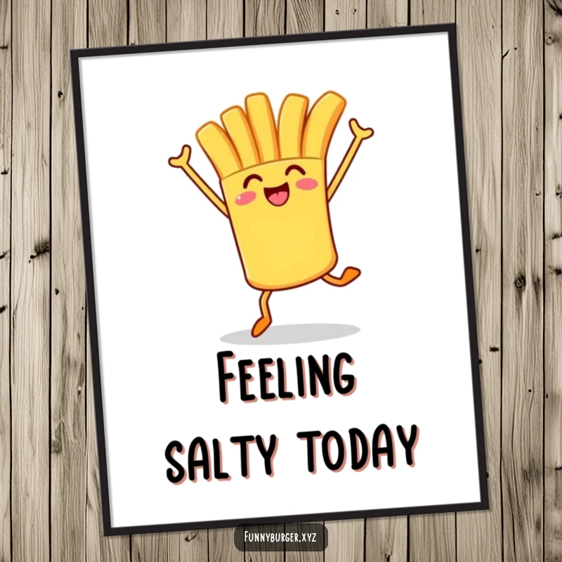 Funny poster art of a french fry character in mid-air hop, arms outstretched, a delightful and energetic piece for food art lovers.