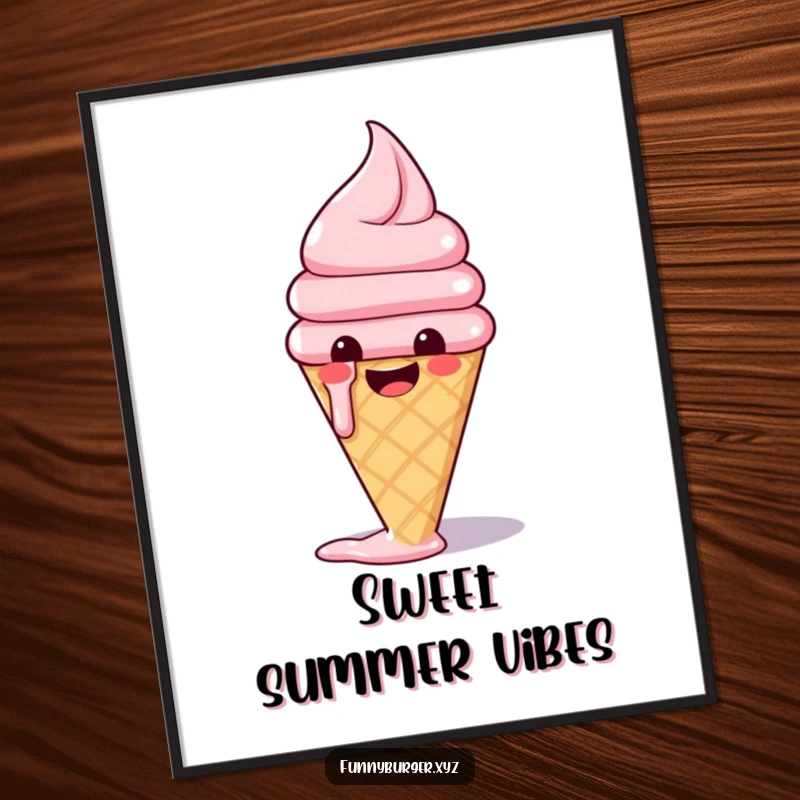 Funny poster art of a happy anthropomorphic ice cream cone melting slightly with glee, a delightful and sweet piece for art lovers.