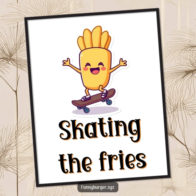 Funny poster print of a french fry character attempting to ride a tiny skateboard, adding cool energy.