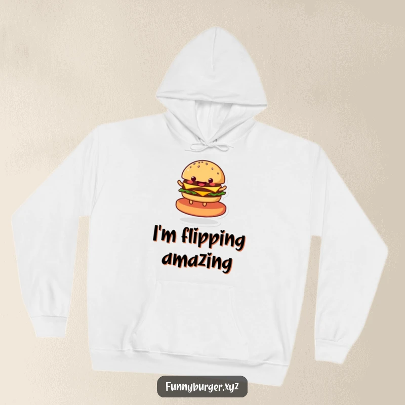 Funny hoodie with a happy anthropomorphic burger performing a joyful spin on its patty, perfect for cozy, humorous wear.