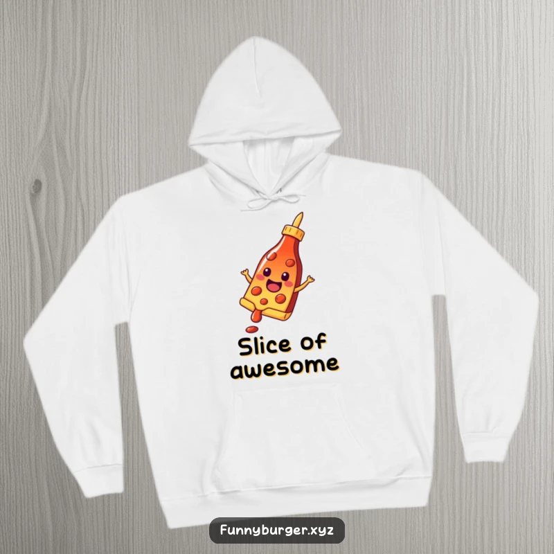 Funny hoodie with a happy pizza slice sliding down a ketchup bottle, perfect for fans of cheesy humor and warmth.