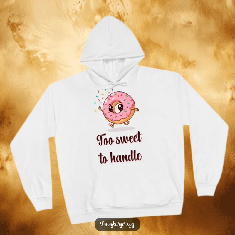 Funny donut cartwheel hoodie featuring an anthropomorphic donut doing a cartwheel and showering sprinkles, offering humorous comfort and gift potential.