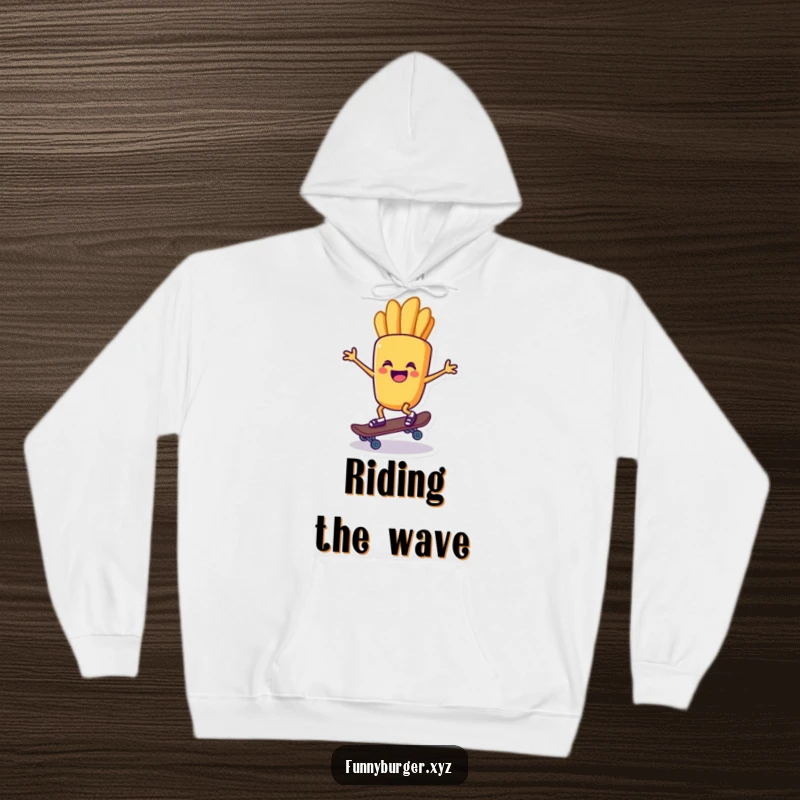 Funny hoodie showcasing a french fry character attempting to ride a tiny skateboard, a warm and cool item.
