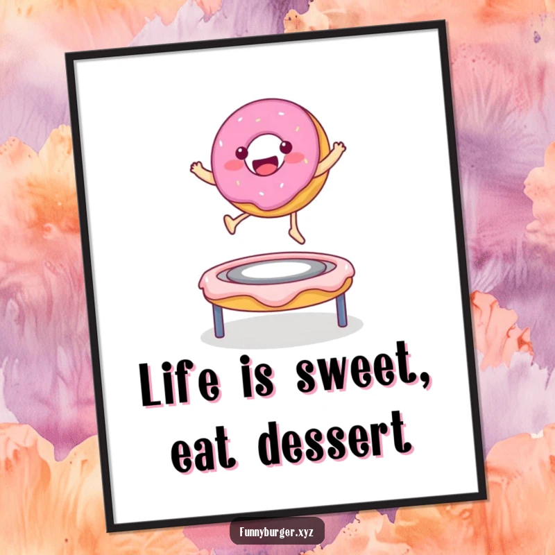 Funny Free Printable Wall Art: Happy donut character gleefully bouncing on a frosting trampoline, a delightful piece of art.
