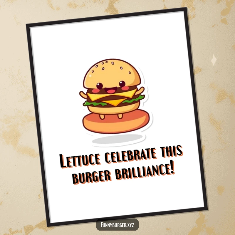 Funny Free Printable Wall Art of a smiling anthropomorphic burger doing a joyful spin on a stylized patty.