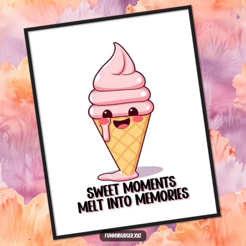 Funny Free Printable Wall Art of a happy anthropomorphic ice cream cone melting slightly with pure glee.