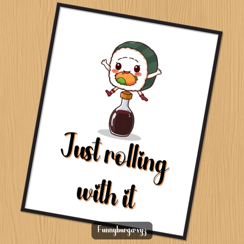 Funny Free Printable Wall Art: Playful sushi roll character mid-jump over a tiny soy sauce bottle, a dynamic food illustration.