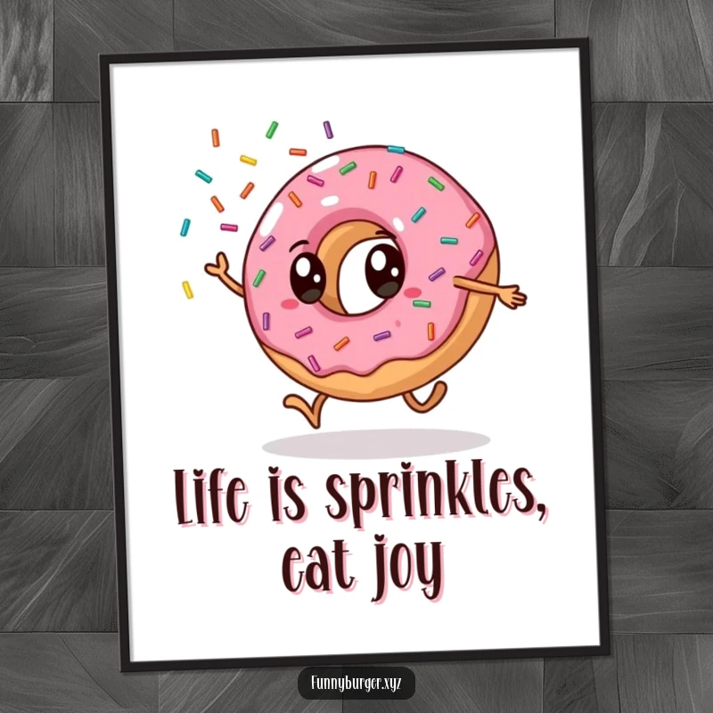 Funny Free Printable Wall Art of a donut cartwheeling and showering colorful sprinkles, bringing playful energy.