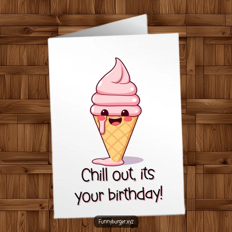 Funny Free Printable Birthday Card of a happy ice cream cone melting slightly with pure birthday glee.